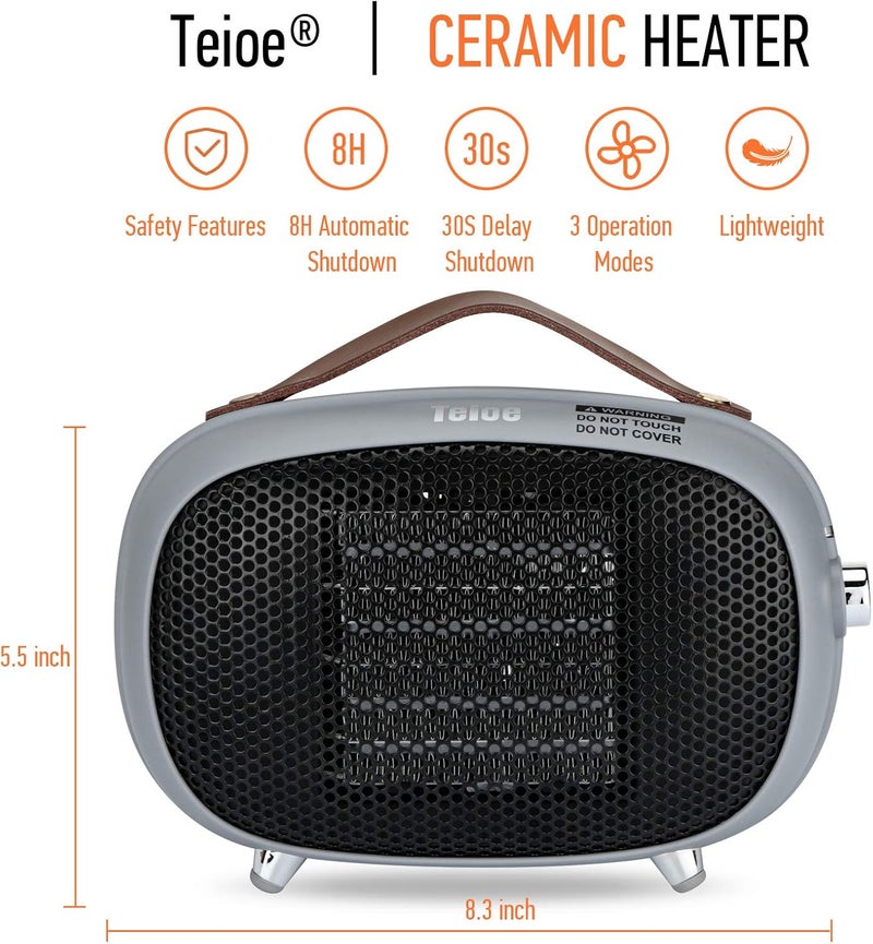Teioe Space Heater, Mini Electric Space Heater 800W/400W, Small PTC Ceramic Heater with Tip-Over and Overheat Protection, 3 Operating Modes, Space Heaters for Office, Bedroom and Under Desk (GREY) - Image 2